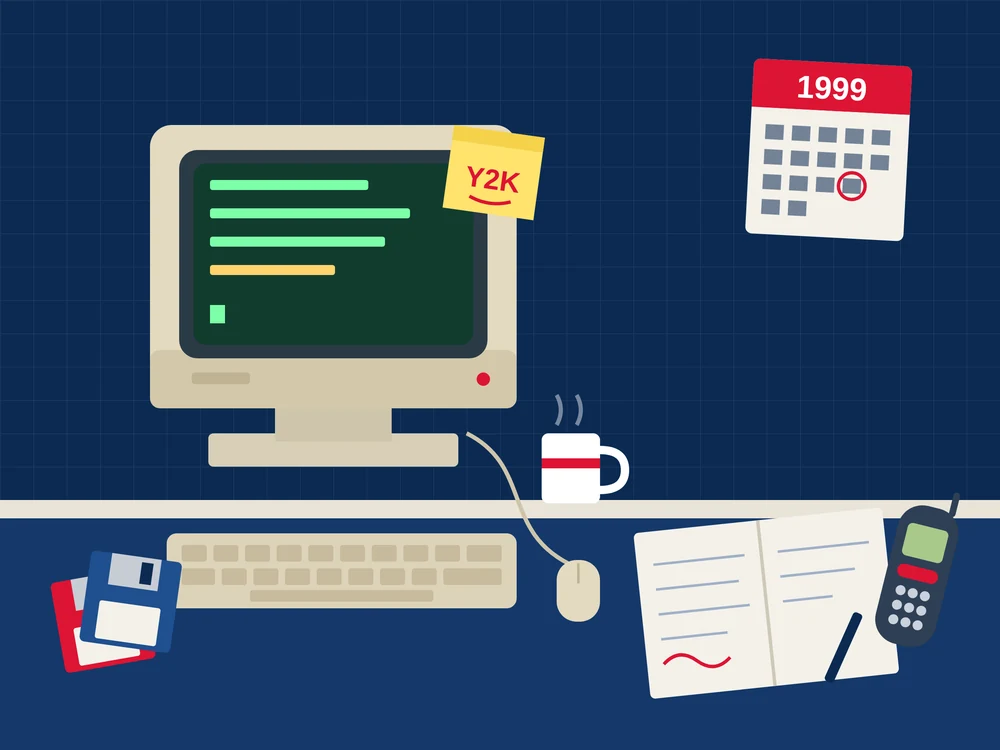 Illustration of a 1999 control room desk: a beige CRT monitor, a paper logbook, a mobile phone with an aerial, floppy disks, a mug of coffee, a Y2K sticky note and a 1999 calendar.
