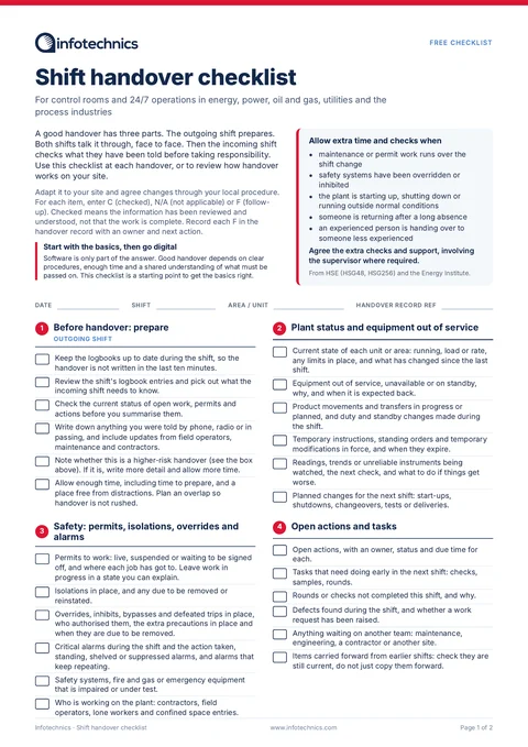 Page 1 of the Infotechnics shift handover checklist PDF