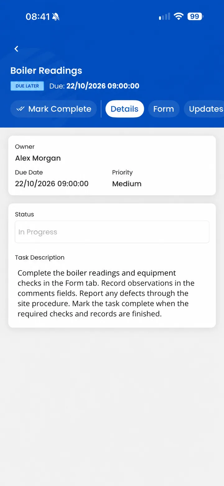 Mobilog task details for a Boiler Readings round: owner, due date, priority, status and the task description, with Mark Complete, Form and Updates tabs.
