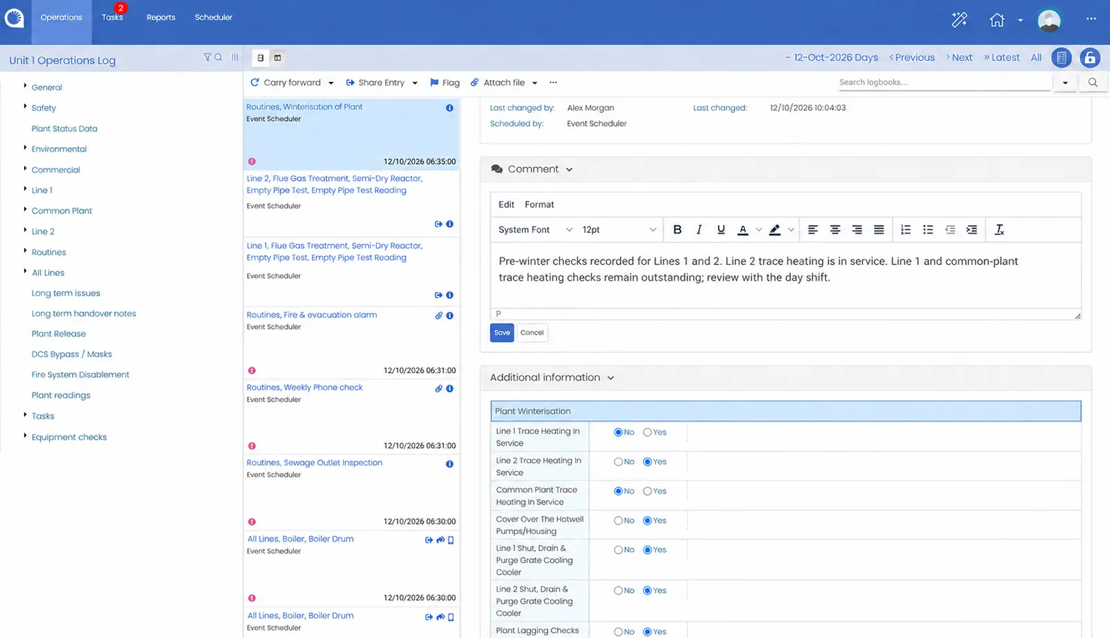 Opralog chronological log with a plant winterisation checklist and follow-up comments.