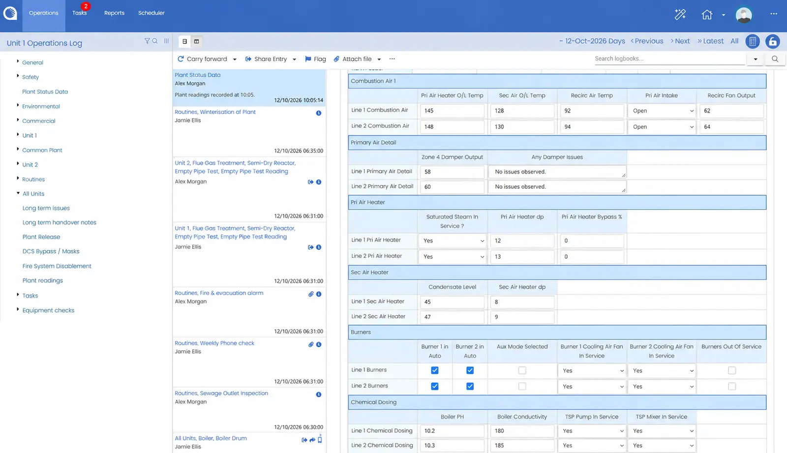 Opralog operational log with combustion-air readings, heater data, dropdowns and burner checks.