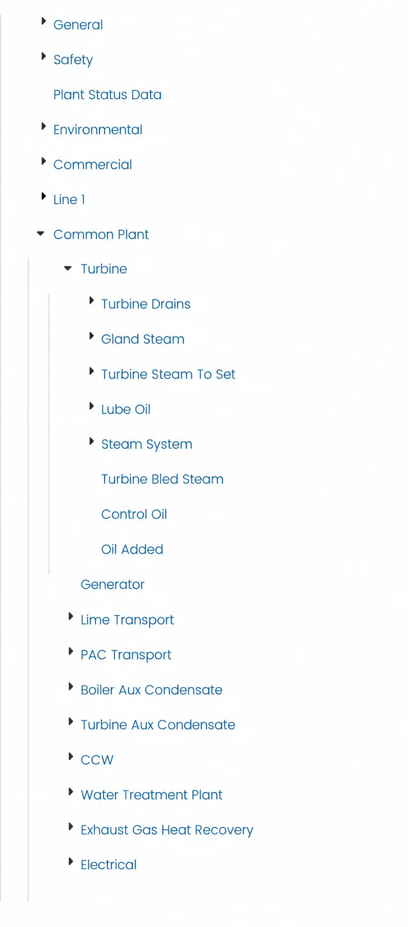 Opralog navigation tree showing plant areas, turbine systems and equipment categories.