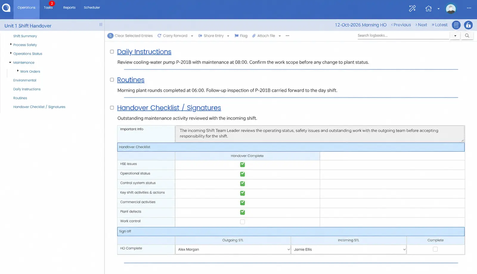 Opralog handover checklist with outstanding work-control review and incoming and outgoing team-leader fields.