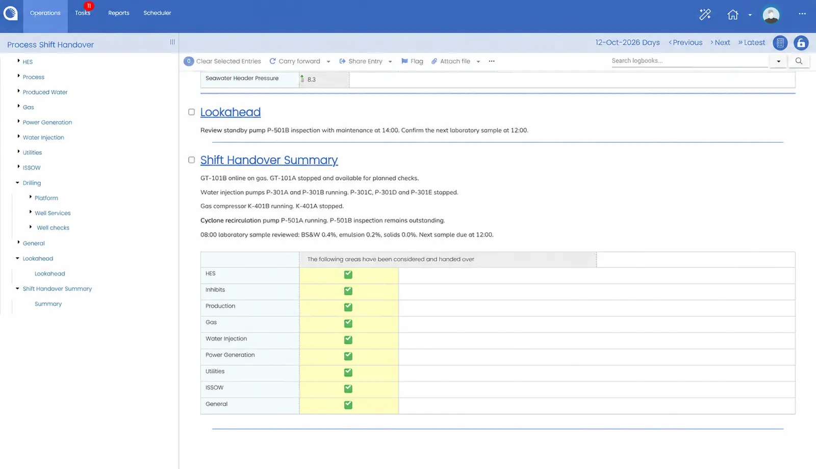 Opralog shift summary with equipment status, planned work and a reviewed-topics checklist.