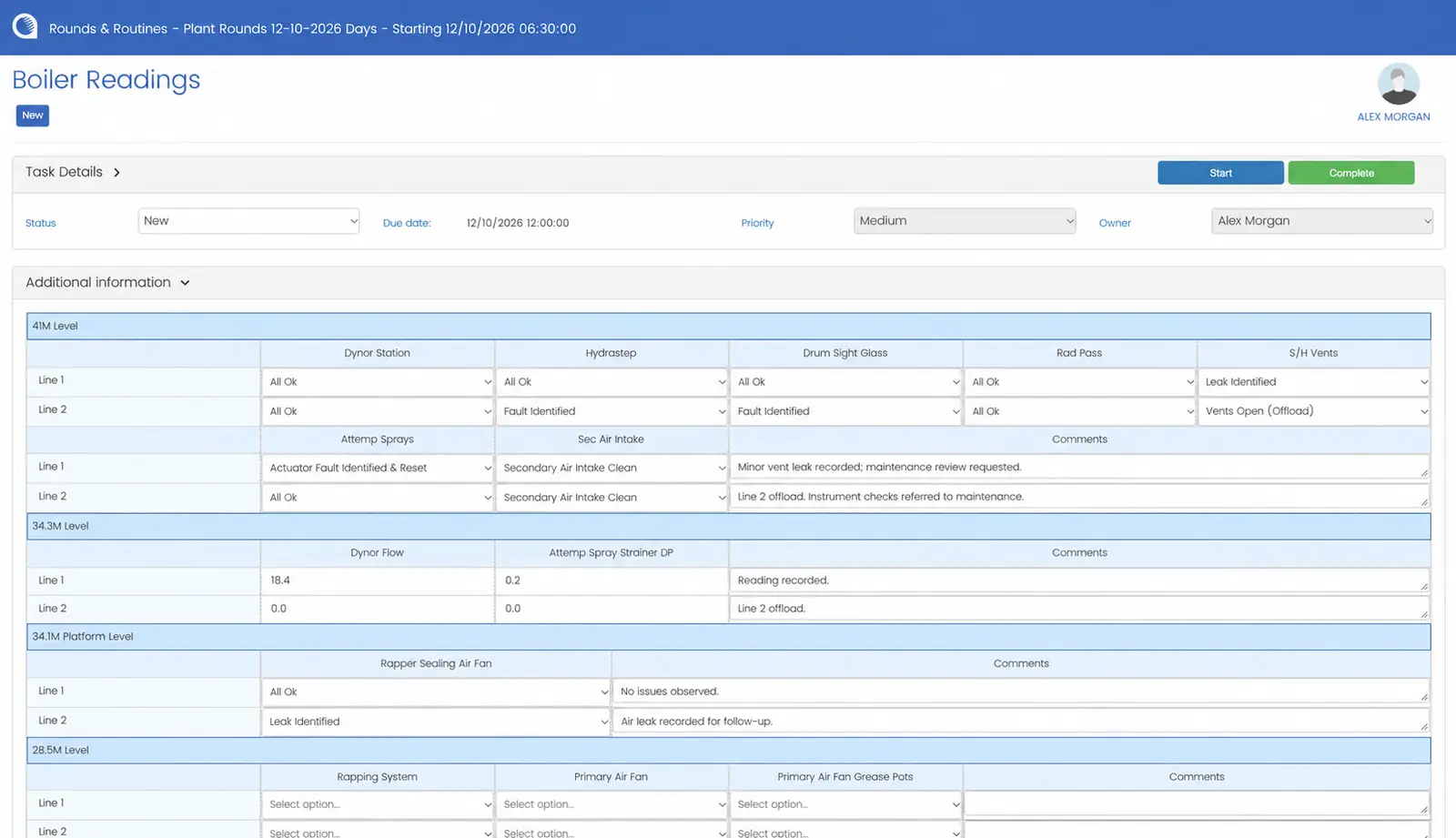 Opralog plant round: a Boiler Readings task with checks and readings grouped by plant level, plus status, due date and owner.