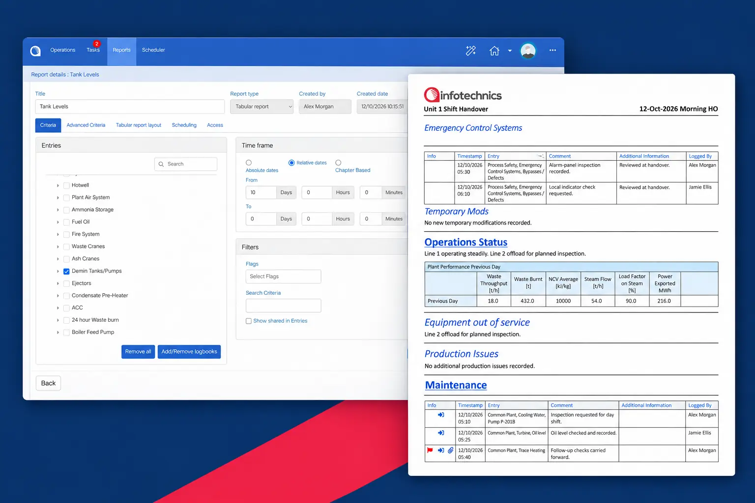 Opralog report-builder screen alongside an example printed handover report.