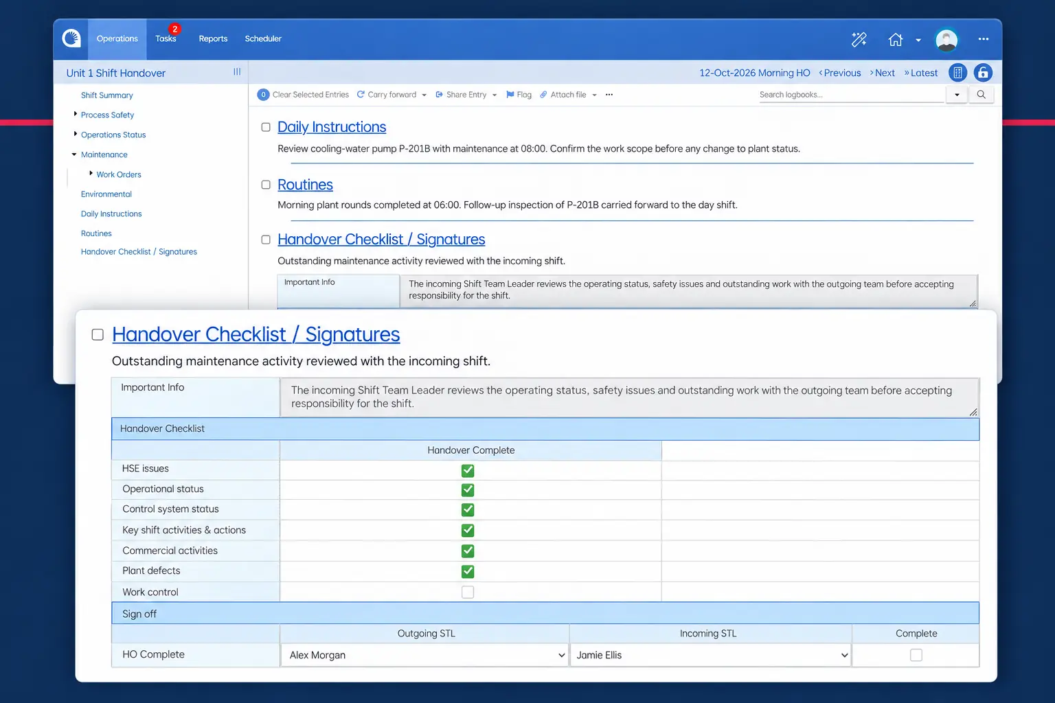 Opralog handover screen with an enlarged checklist and sign-off area.